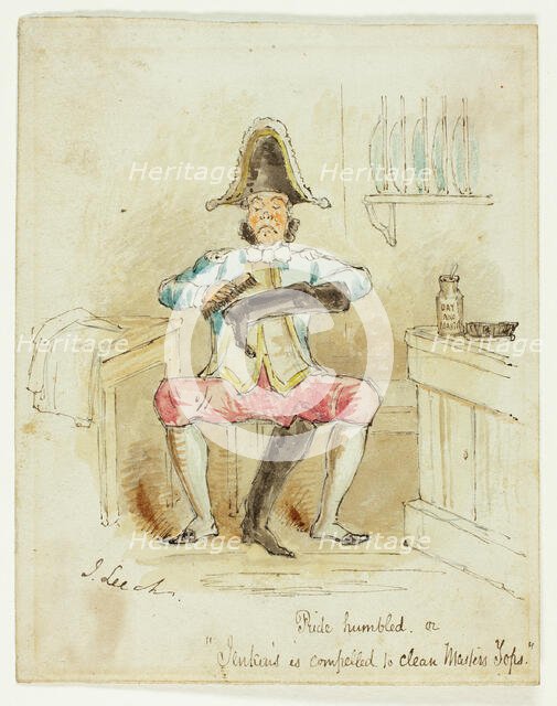 'Pride Humbled or "Jenkins is Compelled to Clean Master's Tops"', 1840-50.  Creator: John Leech.