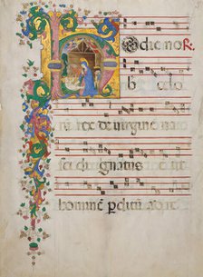 Manuscript Leaf with the Nativity in an Initial H, from an Antiphonary, Italian, second half 15th ce Creator: Master of the Riccardiana Lactantius.