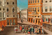 City landscape with actors from the Commedia dell'arte, 18th century. Creator: Unknown artist.