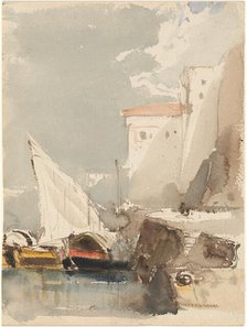 Sailboats in a Sunlit Harbor (recto), 1830s. Creator: Eugene Isabey.