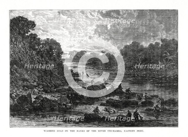 Washing gold on the banks of the Urubamba River, Peru, 1877. Artist: Unknown