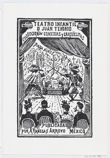 Two men dueling on a stage in front of an audience, illustration for 'Teatro Infa..., ca. 1880-1910. Creator: José Guadalupe Posada.