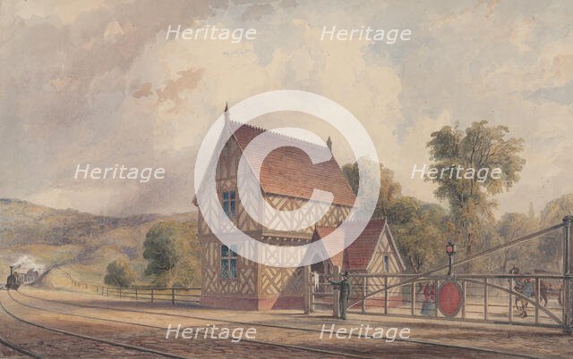 Tudor Style Rural Train Station and Railroad Crossing, 1844-77. Creator: John Connell Ogle.