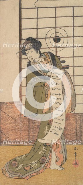 The Second Yamashito Kinsaku as a Courtesan Standing in a Room, ca. 1779. Creator: Shunsho.