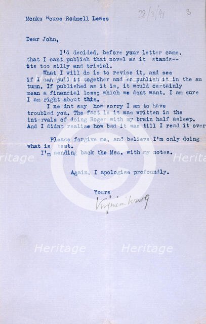 Letter from Virginia Woolf to John Lehmann, her publisher, re her last book, Between the Acts, 1941. Creator: Virginia Woolf.