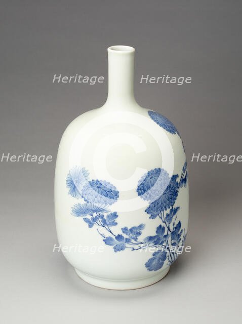 Hirado Ware Sake Bottle with Design of Chrysanthemums, 19th century. Creator: Unknown.