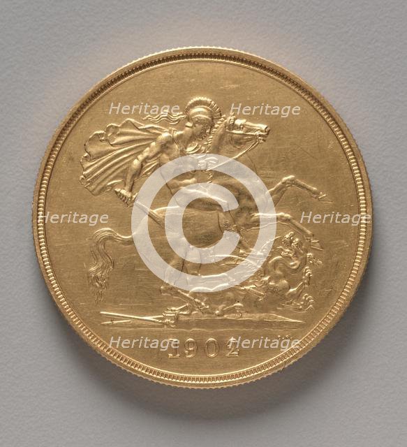 Five Pounds (reverse), 1902. Creator: Benedetto Pistrucci (Italian, 1784-1855).