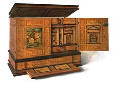 Writing cabinet inlaid with marquetry, 1904. Artist: Shirley Slocombe.