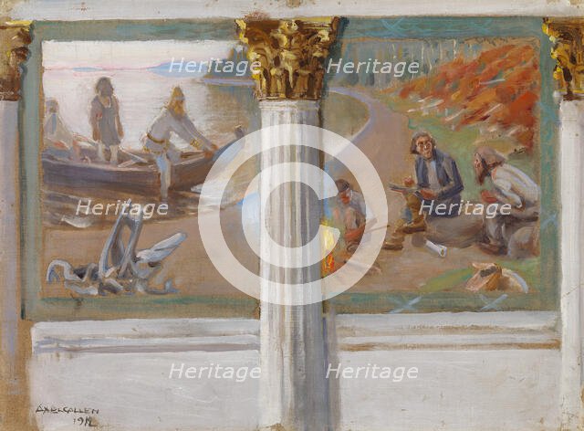 Lönnrot and poetry singers, sketch for a wall painting in the banquet hall of the University...,1912 Creator: Akseli Gallen-Kallela.