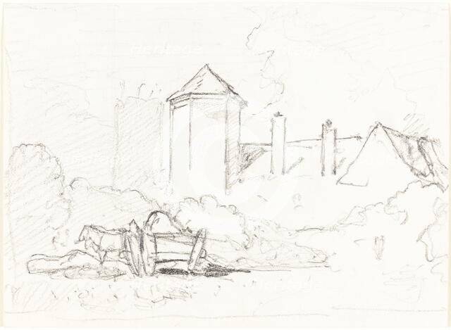 Sketch of Buildings with Cart and Horses in Foreground. Creator: John Sell Cotman.