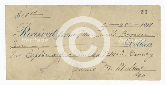 Receipt for ten dollars from Lucille Brown, February 28, 1919. Creator: Unknown.