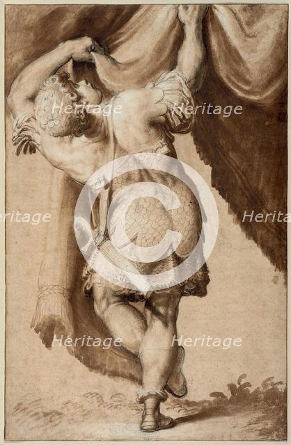 Young Warrior, Seen from Behind, Lifting a Curtain, 1550/55. Creator: Francesco Salviati.
