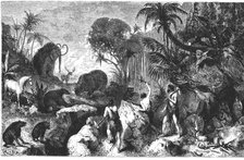 Primitive men defending from animals, engraving, 1900.