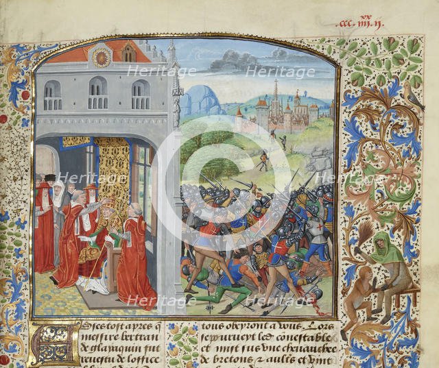 The crowning of Pope Gregory XI and the Battle of Pontvallain, 1370, ca 1470-1475. Creator: Liédet, Loyset (1420-1479).