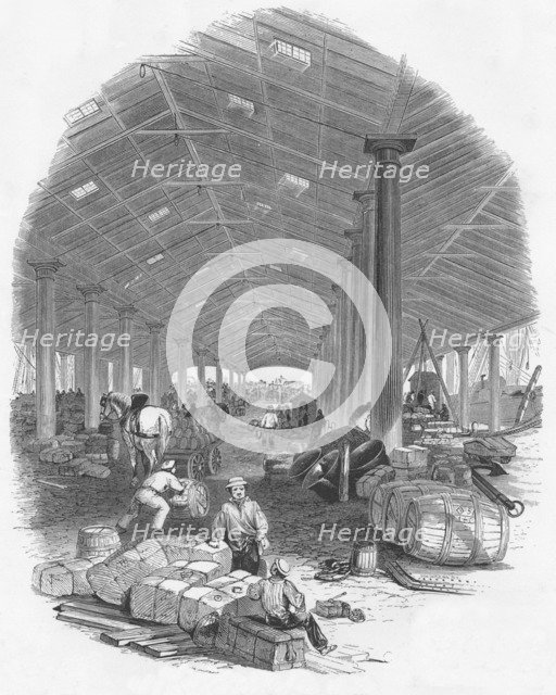 'Wharf Shed of the Trafalgar Dock', Liverpool, England, 1847. Artist: Mason Jackson.