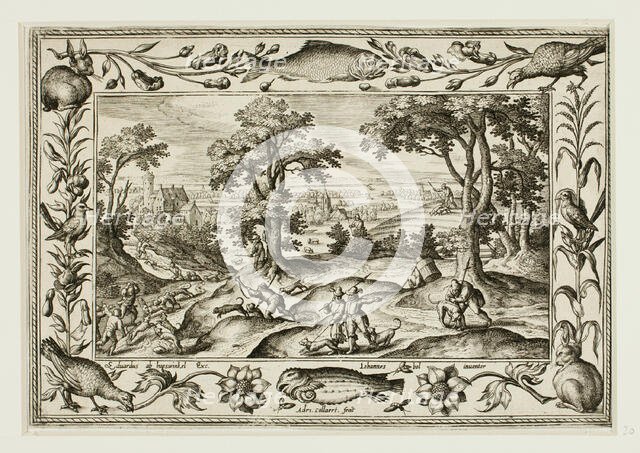 Hare Hunt, from Landscapes with Old and New Testament Scenes and Hunting Scenes, 1584. Creator: Adriaen Collaert.