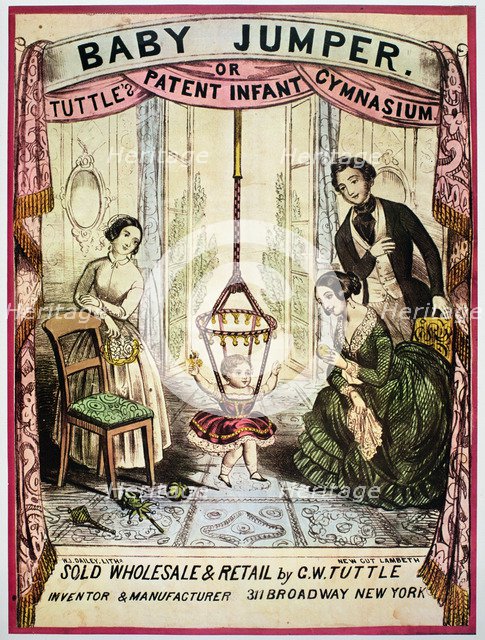 Advertising poster of the self-assembly jumper swing built in rubber rope, engraving, 1850.