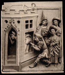 A physician administering a clyster to an embarrassed woman who hides her self and presents her... Creator: Unknown.