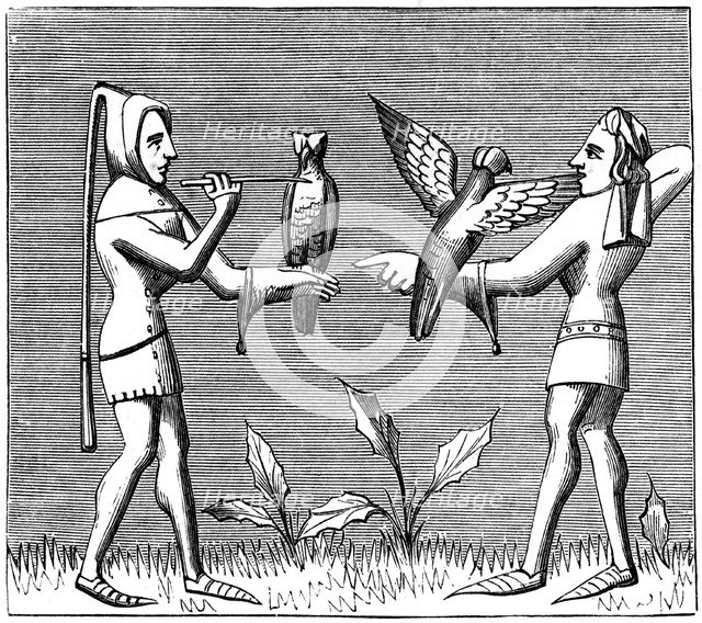 Falconers dressing their birds, 14th century (1849). Artist: Unknown