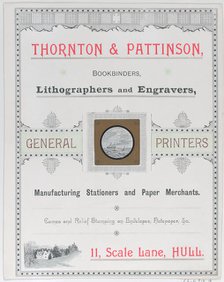 Trade Card for Thorton & Pattinson, Bookbinders, Lithographers and Engravers, 19th..., 19th century. Creator: Anon.