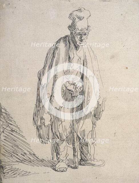 Beggar in a high cap, standing and leaning on a stick, c.1629. Creator: Rembrandt Harmensz van Rijn.