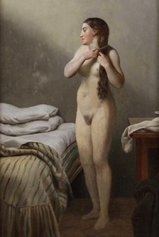 A female figure, standing by a bed, combs her hair, early-mid 19th century. Creator: CW Eckersberg.