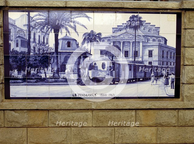 Tile panel representing the old train 'the Panderola' that crossed the city of Castellón until 19…