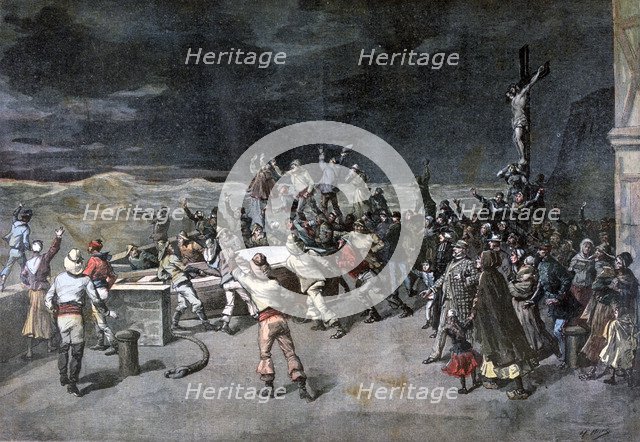 Scene seven, the rescue, from the play "Maitre D'Armes", Port of Saint-Martin, 1892. Creator: Henri Meyer.