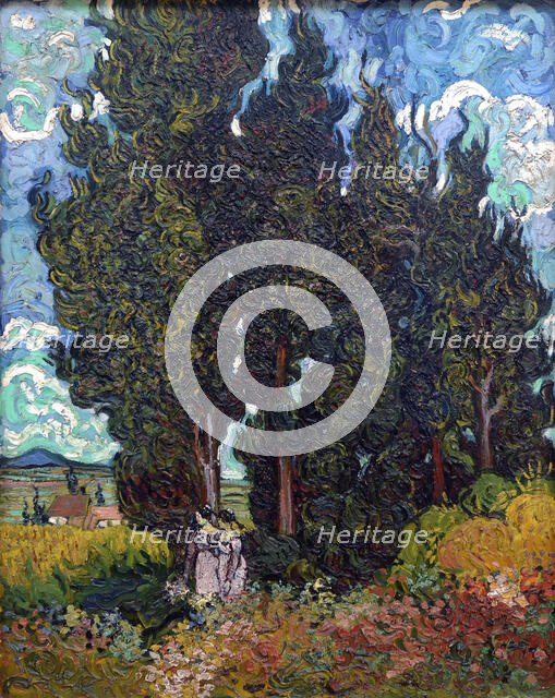 Cypresses with two figures, 1889-1890. Creator: Gogh, Vincent, van (1853-1890).