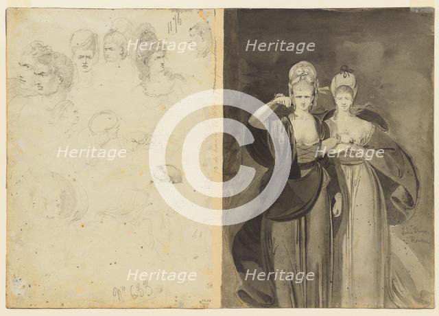 Sketches of Heads (verso, left); Two Women (verso, right), c. 1770-1775. Creator: John Brown (British, 1752-1787).