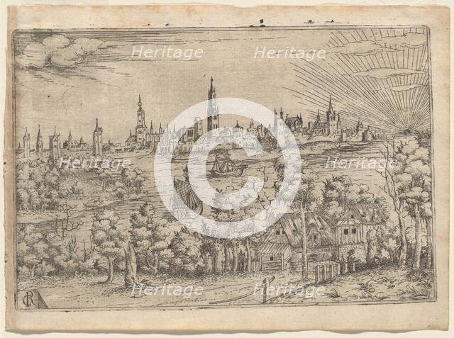 View across a River to a Walled City at Sunset, 1540s. Creator: Johannes Crato von Crafftheim.