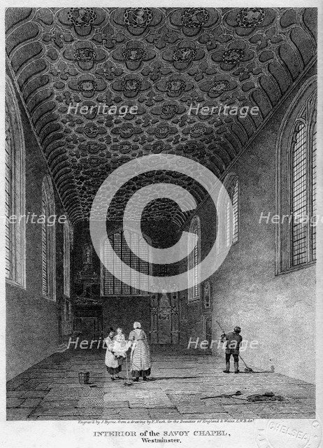 Interior of the Savoy Chapel, Westminster, London, 1809.Artist: J Byrne