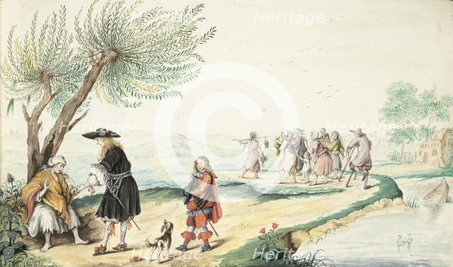 Roma woman reading a gentleman's hand (Moses?), 1674. Creator: Gesina ter Borch.