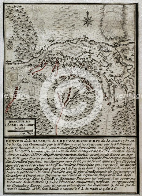 Seven Years War (1756-1763): Map of the Battle of Gross-Jägersdorf (August 30, 1757).  Creator: Jean de Beaurain.