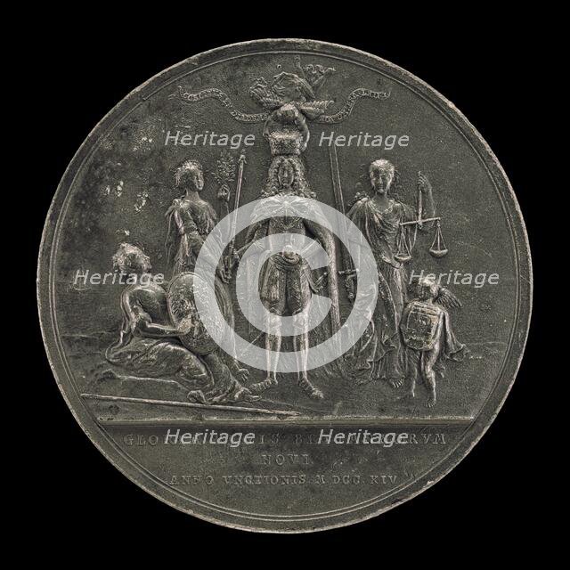 The King Being Crowned between Peace and Justice [reverse], 1714. Creator: Nicolaus Seeländer.