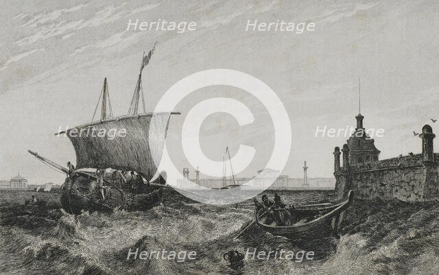 View of the old Stock Exchange building and glimpse of Peter and Paul Fortress..., 1839. Creator: Augustin François Lemaitre.