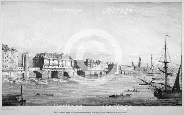 View of London Bridge looking north from St Olave's Stairs in 1751, (1830). Artist: R Martin