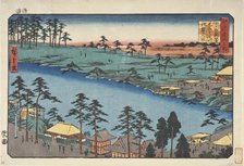 A Temple Beside a Pond at Junisho Quarter, in Tsunohazu District of Yotsuya Area., 19th century. Creator: Ando Hiroshige.