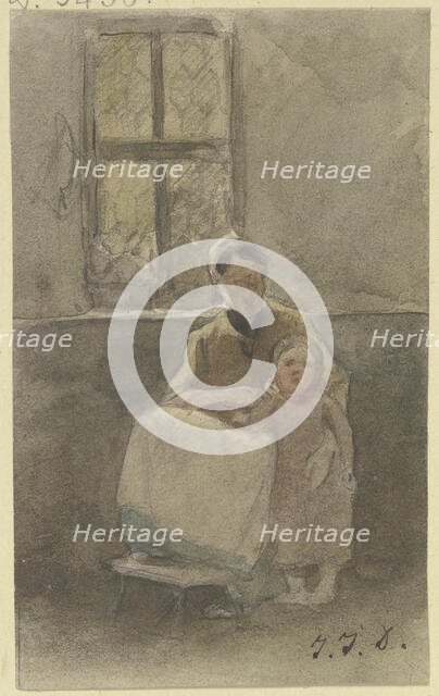 A woman sitting by a window holds a child standing beside her, c1840s. Creator: Jakob Dielmann.