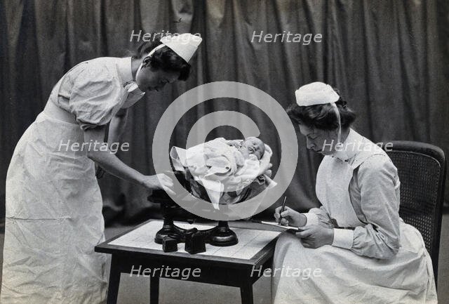 General Lying In Hospital, York Road, Lambeth: nurses weighing a baby, 1906 Creator: Unknown.