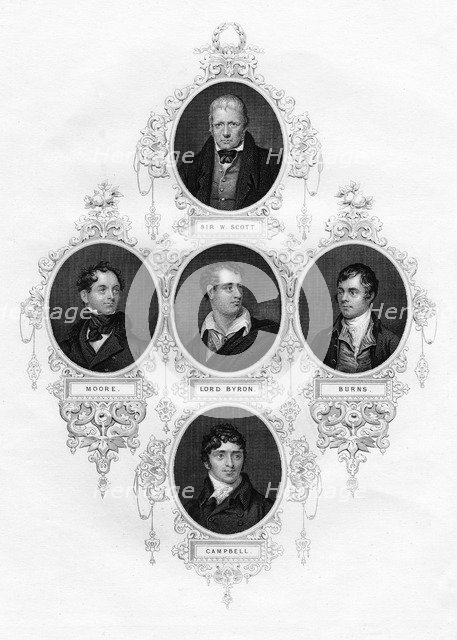 Sir Walter Scott, Thomas Moore, Lord Byron, Robert Burns, Thomas Campbell, 1877. Artist: Unknown
