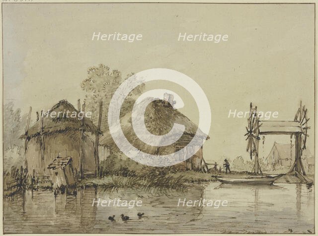 A house with a barn and a lock with two wheels by a canal. Creator: Jan Hulswit.