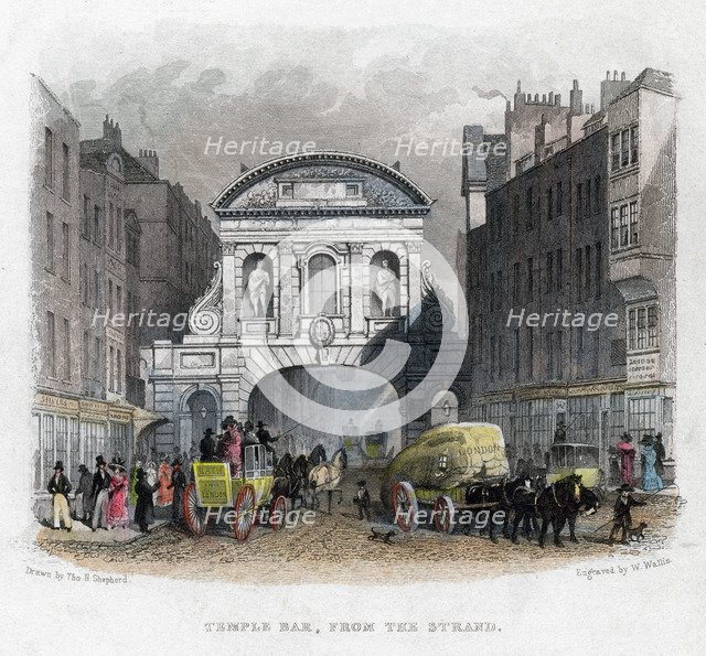 'Temple Bar, from the Strand', London, 1829.Artist: W Wallis