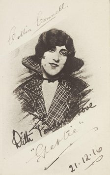 An man in drag as "Gertie" wearing a checked coat, 1916. Creator: Unknown.