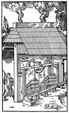 Bellows supplying draught to a smelting furnace, 1556. Artist: Unknown