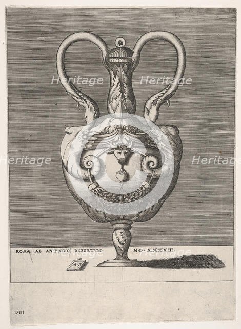 Antique Lidded Vase with Two Handles emerging from the Heads of Hybrid Female Sph..., 1543 or after. Creator: Enea Vico.