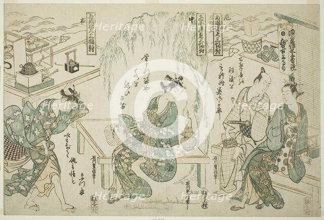 Enjoying the Evening Cool at Ryogoku - A Set of Three (Ryogoku suzumi sanpukutsui), c. 1752. Creator: Ishikawa Toyonobu.