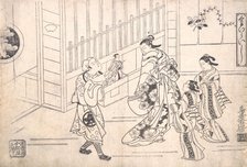 The Actor Ichimura Takenojo VIII in the Role of a Puppeteer, showing Puppets to a Cour..., ca. 1715. Creator: Torii Kiyomasu I.