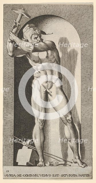 Plate 19: Vulcan standing in a niche swinging a hammer, with an anvil, hammer, and tongs a..., 1526. Creator: Giovanni Jacopo Caraglio.
