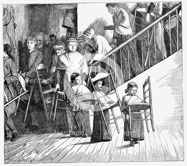 Shaker community going to dinner, each carrying their own Shaker chair, New York State, 1870. Artist: Unknown